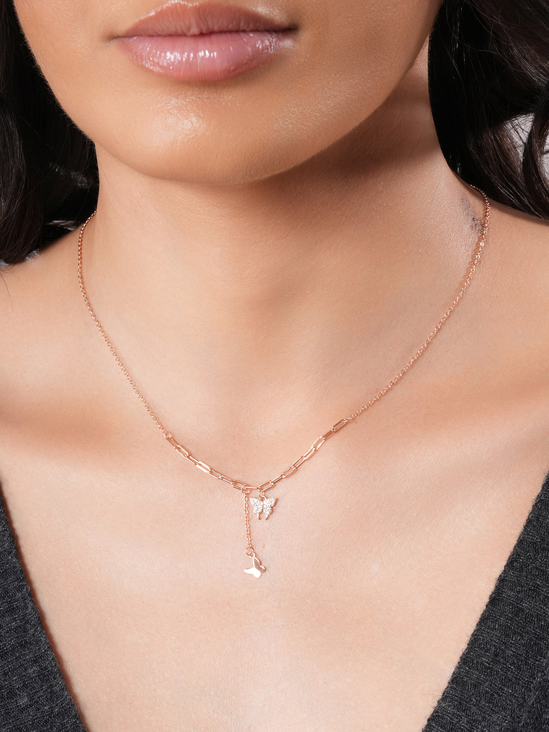 925 Sterling Silver CZ Studded  Rose Gold Plated Butterfly Tassle Minimal Necklace & Chain